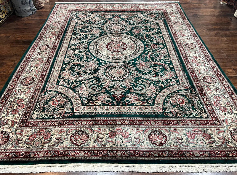 Pak Persian Rug 9x12, Dark Green and Cream, Floral Medallion, Elegant Handmade Wool Carpet 9 x 12 by Jewel Rugs