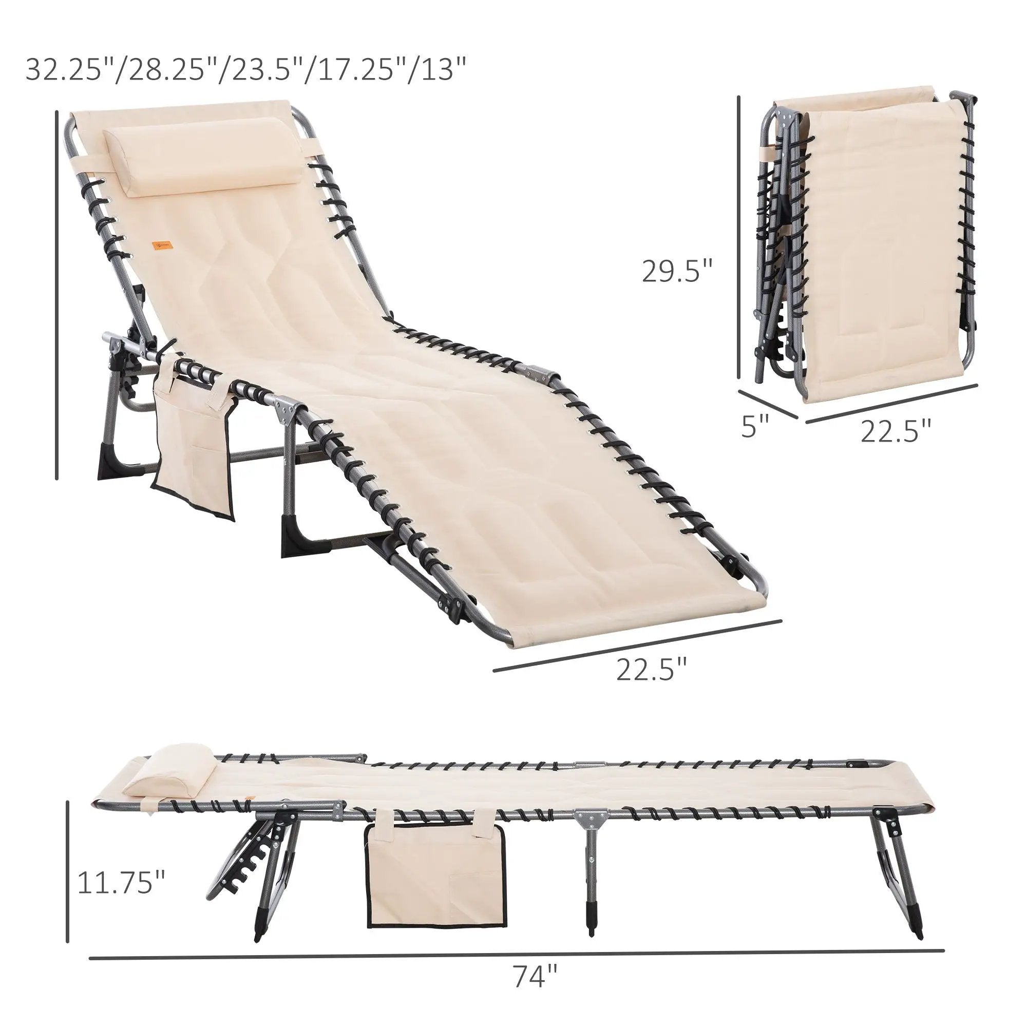 Outsunny - Padded Folding Chaise Lounge Chair, Outdoor 6-Level Reclining Camping Tanning Chair With Headrest For Beach, Yard, Patio, Pool - Beige by HouseOfZazla