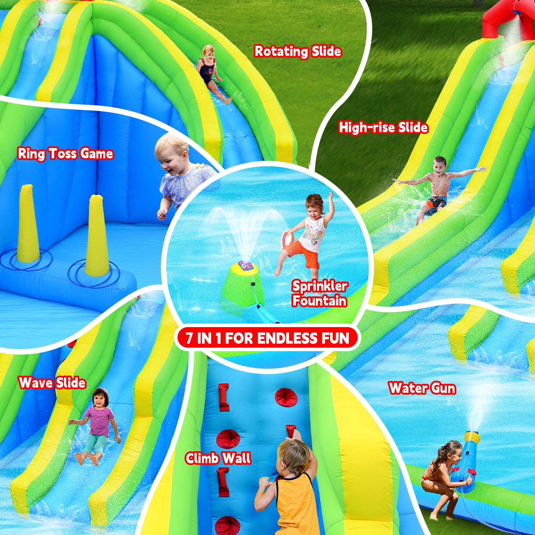 7-in-1 Inflatable Water Park Three Slide with Blower and Climbing Wall for Children by HouseOfZazla