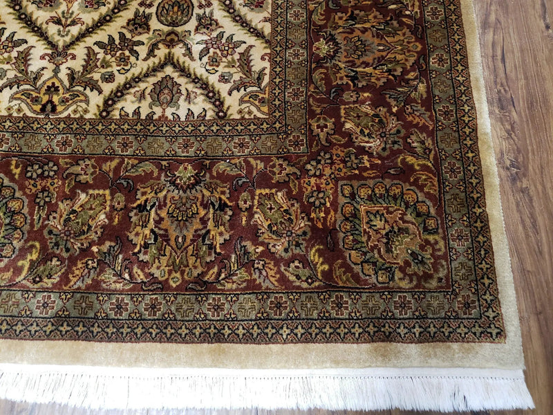 Vintage Indo Persian Area Rug 9x12, Wool Hand-Knotted Ivory & Dark Red Oriental Carpet, Fine Weave 9 x 12 Indian Rug, Dining Room Rug by Jewel Rugs