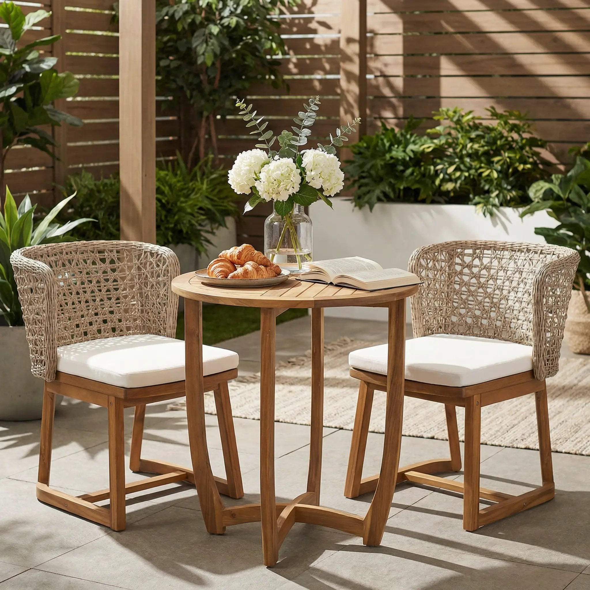 3-Piece Outdoor Dining Set with Teak Finish Acacia Wood Table & Wicker Chairs by HouseOfZazla