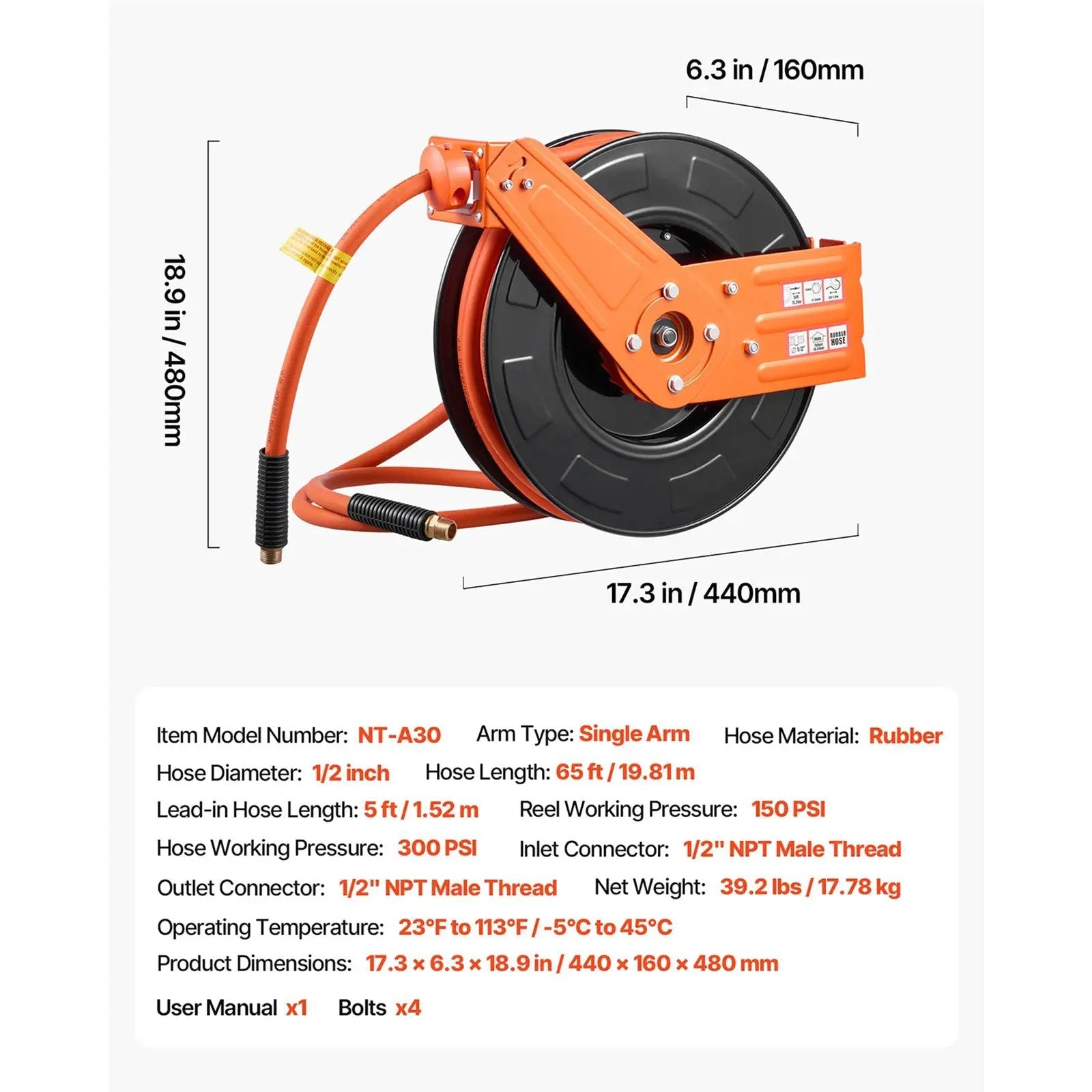 Retractable Air Hose Reel, 1/2 Inch x 65 Ft Rubber Hose by HouseOfZazla