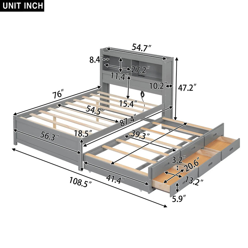 Full Size Platform Bed With Trundle, Drawers, USB Ports And Built In Shelves - Gray by Unique Piece Furniture