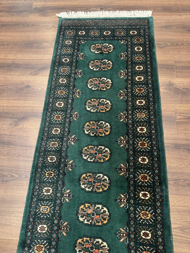 Pakistani Bokhara Runner Rug 2.5 x 11, Green Turkoman Wool Runner for Hallway by Jewel Rugs