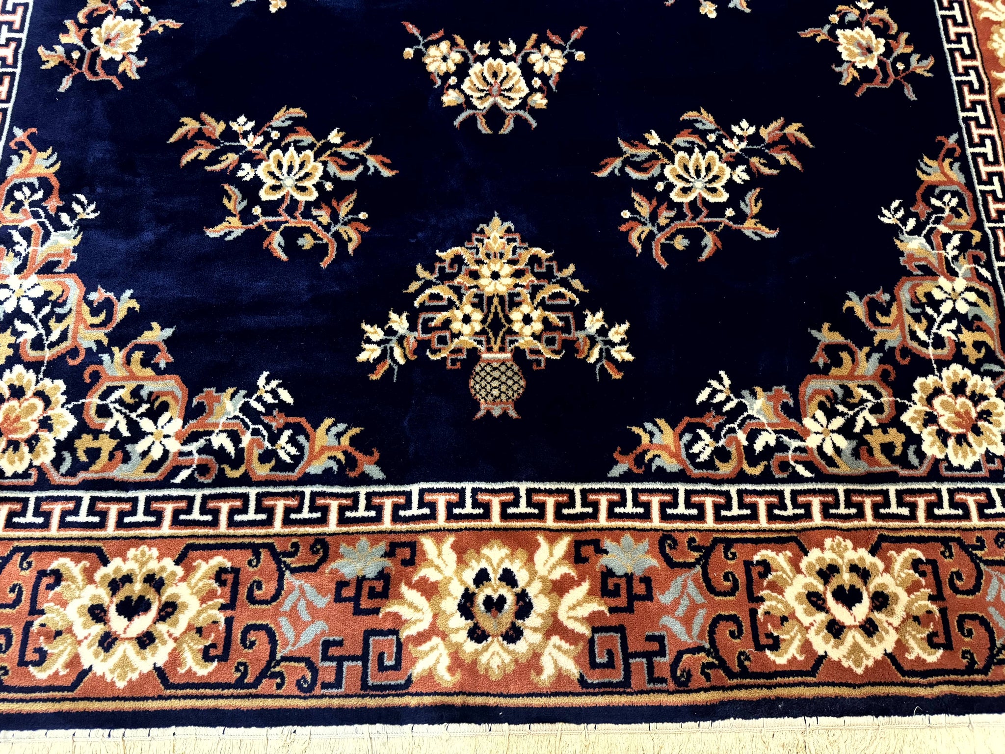 Chinese Wool Rug 8x11, Navy Blue and Terracotta, Floral, Couristan Belgium Power Loomed Carpet by Jewel Rugs