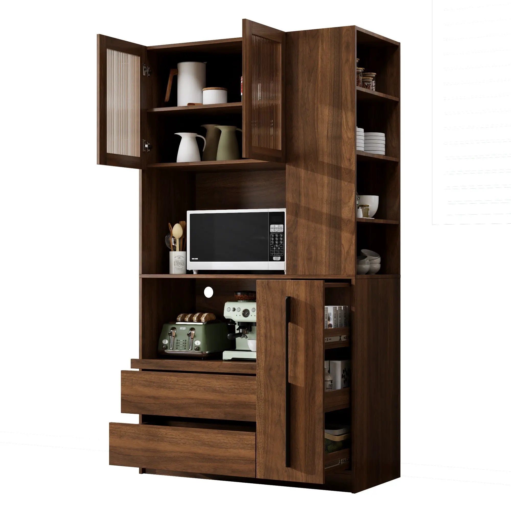 Tall Kitchen Pantry Cabinet With 4 Tier Side Shelf, 2 Drawers, Freestanding Food Hutch With Microwave Stand For Dining Room - Walnut by HouseOfZazla