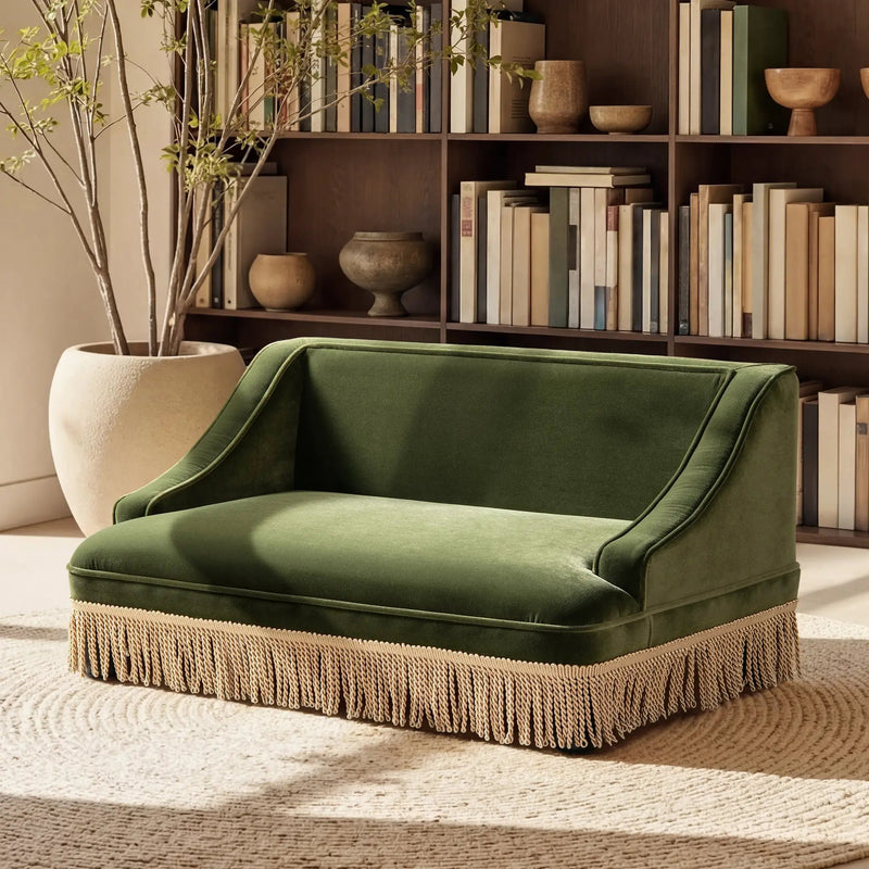 Duchess 33' Medium Princess Pet Bed Sofa with Fringe Skirt, Olive Green Velvet by HouseOfZazla
