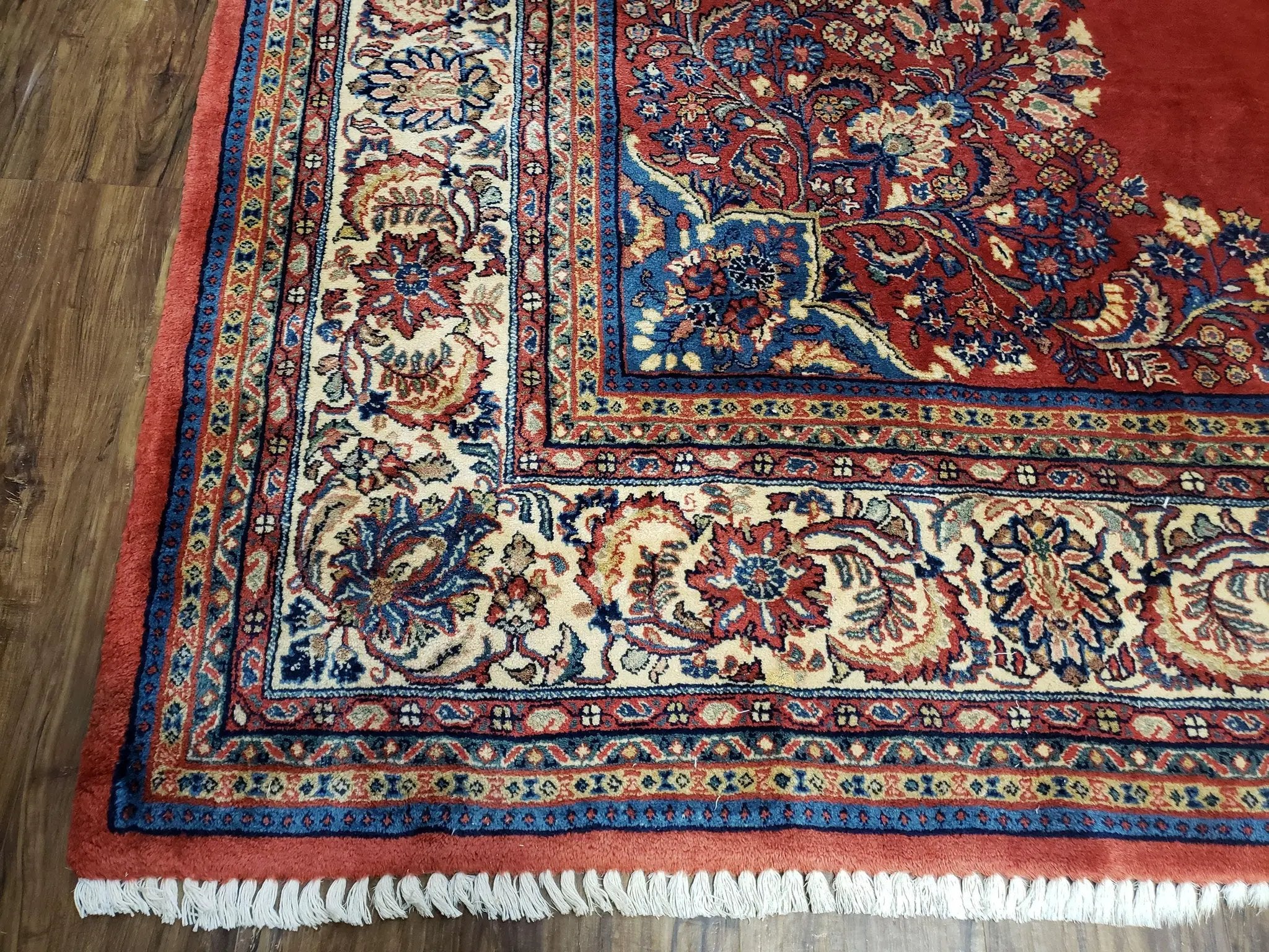 Semi Antique Persian Sarouk Rug 9x12, Semi Open Field with Central Medallion, Hand Knotted Wool, Tomato Red, 9 x 12 Authentic Oriental Carpet by Jewel Rugs