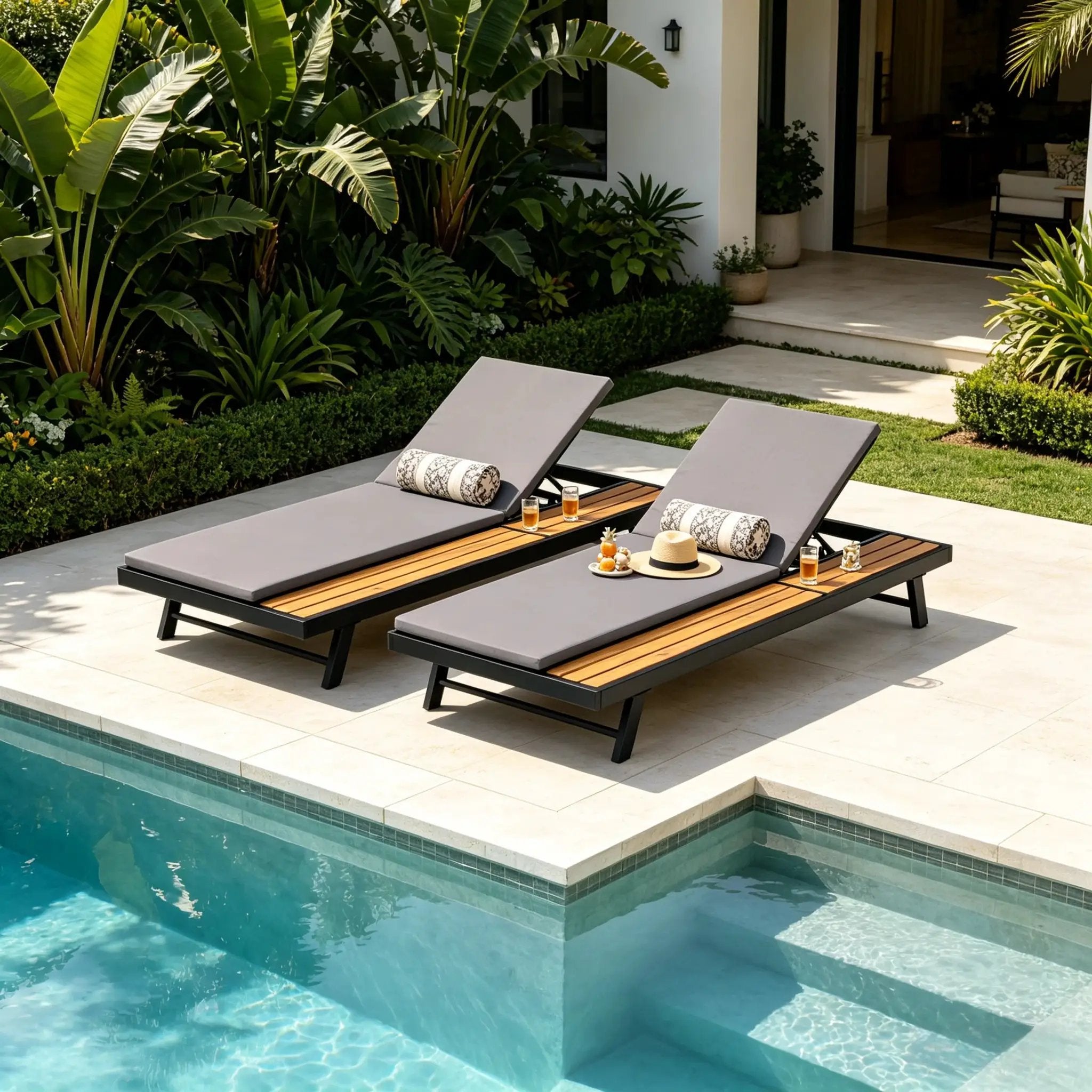 Black Iron + Teak Finish Outdoor Chaise Lounge Set by HouseOfZazla