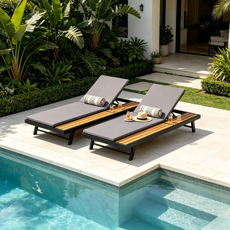 Black Iron + Teak Finish Outdoor Chaise Lounge Set by HouseOfZazla