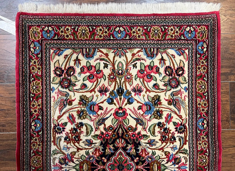 Wonderful Persian Qum Runner Rug 2.8 x 10 ft, Floral Medallions with Bird Motifs, Hand Knotted Wool Fine Oriental 10ft Hallway Runner, Cream Red by Jewel Rugs