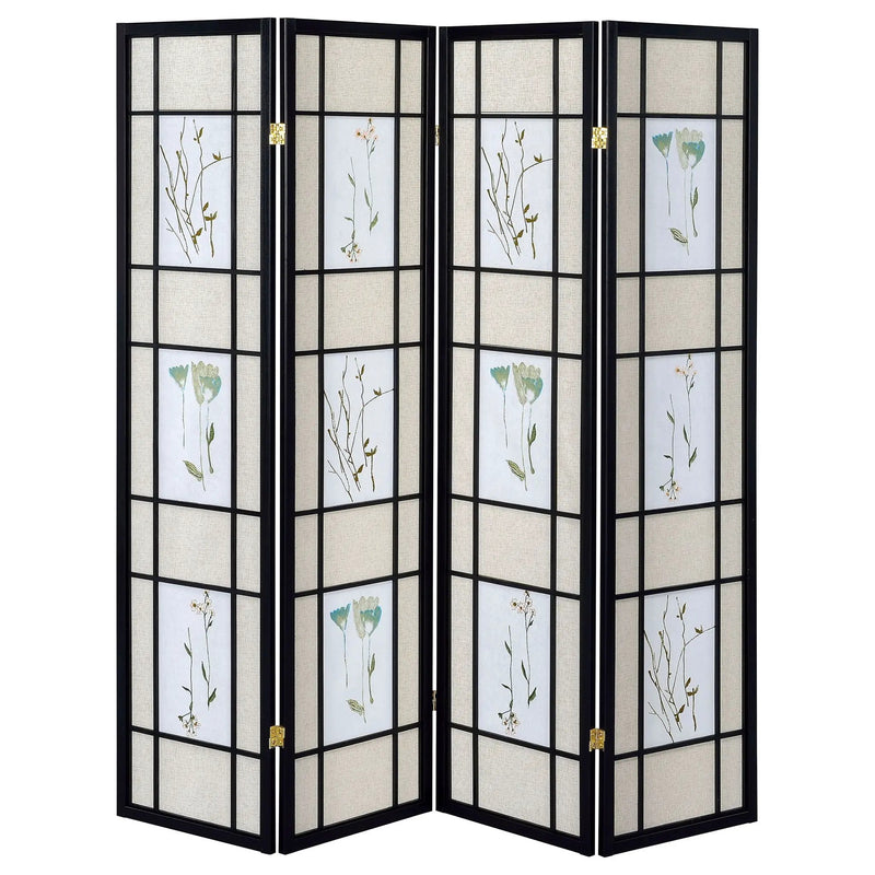 4 Panel Folding Screen With Floral Motif - Black by HouseOfZazla