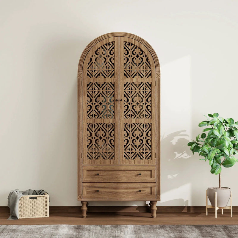 Tall Kitchen Pantry Cabinet With Hollow Carved Doors 2 Drawers And Adjustable Shelves Storage Display Cabinet For Kitchen Dining Room Or Living Room - Walnut by Unique Piece Furniture