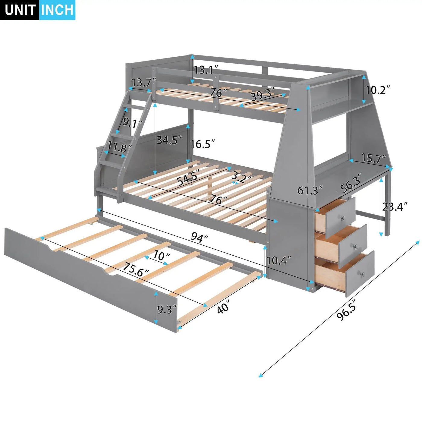 Bunk Bed With Trundle And Built In Desk, 3 Storage Drawers And Shelf by Unique Piece Furniture