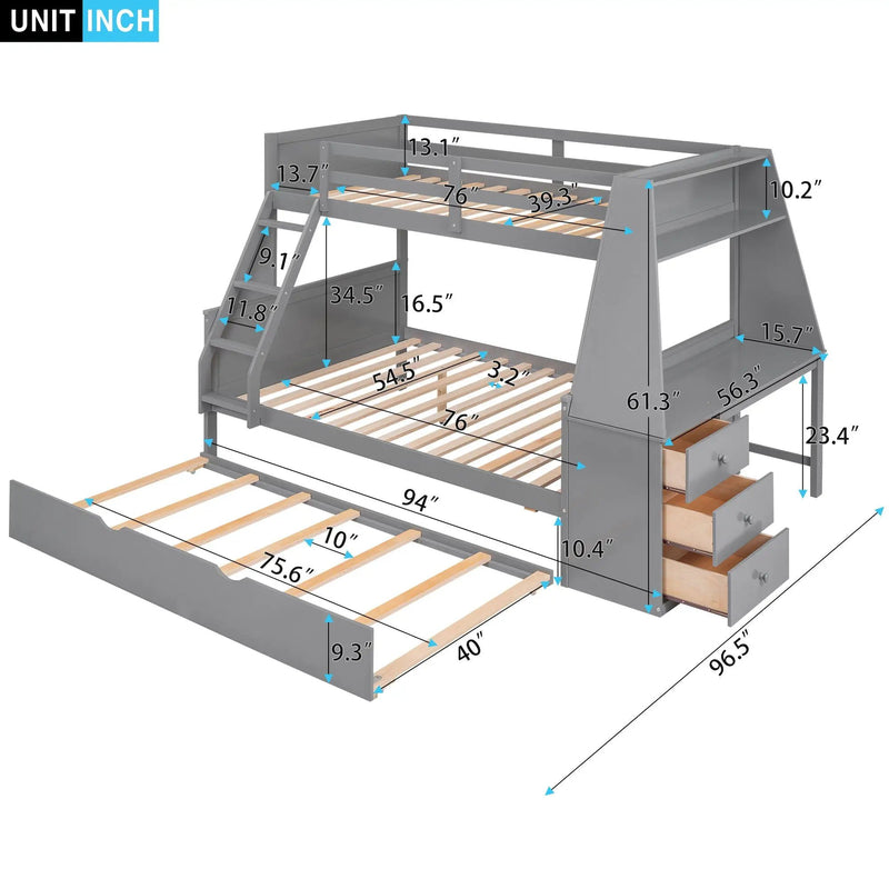 Bunk Bed With Trundle And Built In Desk, 3 Storage Drawers And Shelf by HouseOfZazla