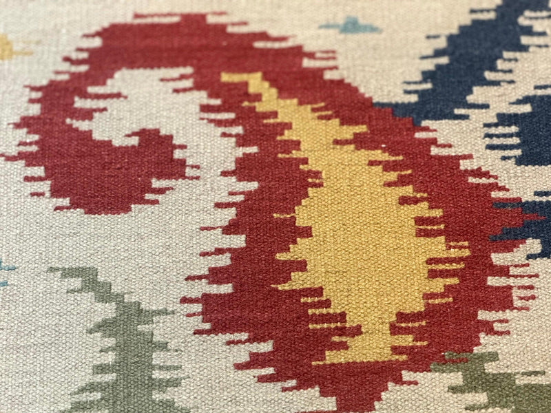 Indian Kilim Flatweave Rug 3x5, Abstract, Beige and Multicolor Flowers, Handmade by Jewel Rugs