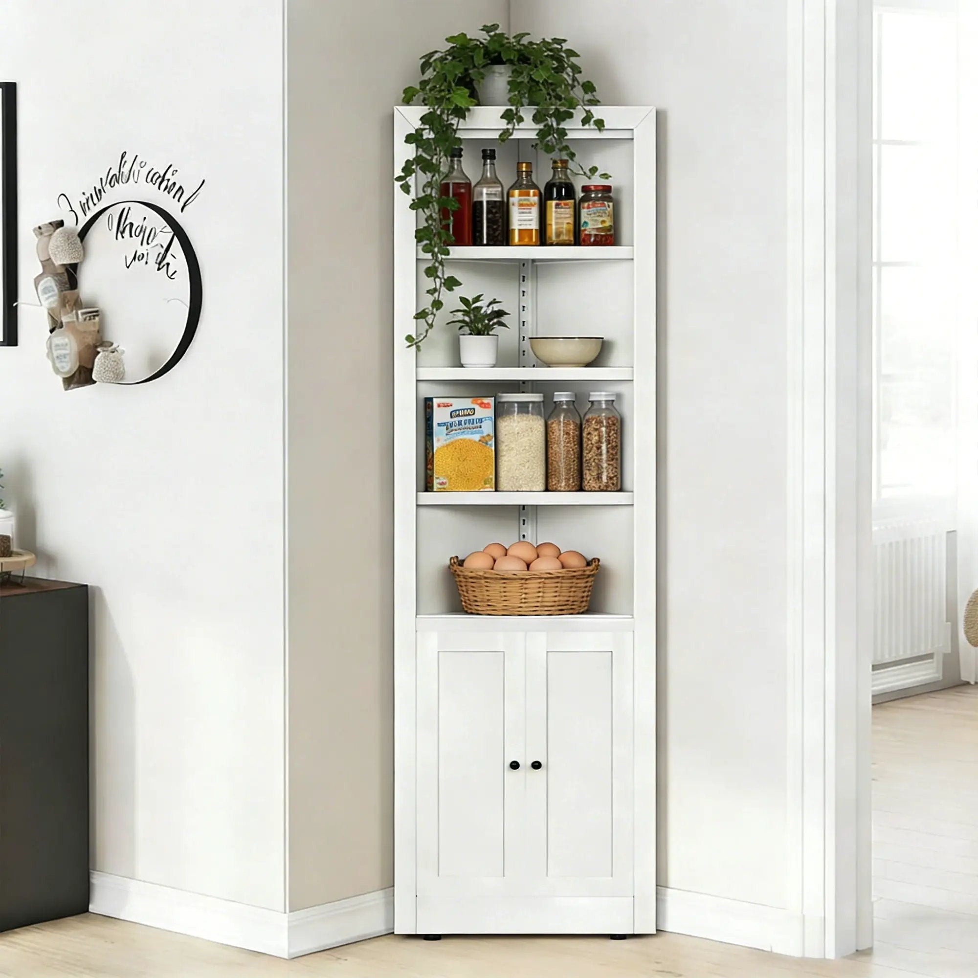 Tall Corner Storage Cabinet With 2 Doors, 5-Tier With Adjustable Shelves, Freestanding - White by Unique Piece Furniture