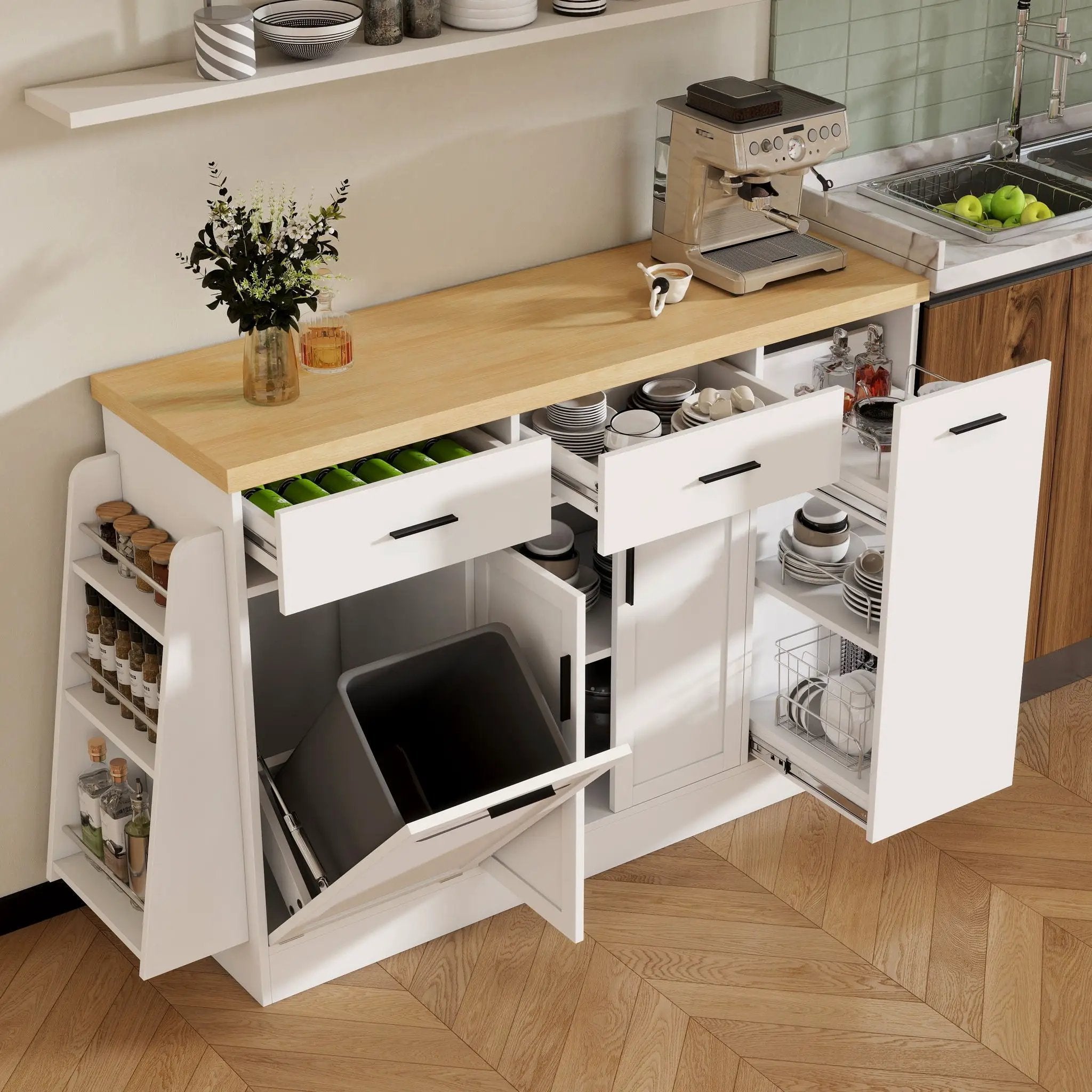Kitchen Sideboard With Sliding Door Cabinet, 3 Tier Spice Rack by Unique Piece Furniture