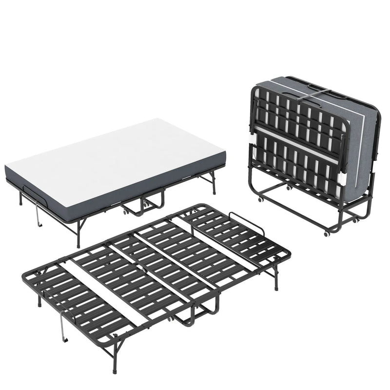 Twin Wide Folding Bed For Tall People, Extra Long & Wide Rollaway With Memory Foam, Heavy-Duty - Black by Unique Piece Furniture