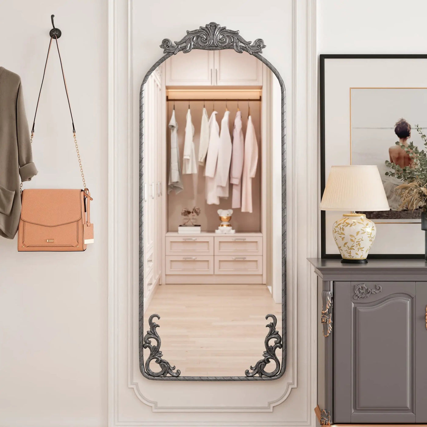 Full Body Arched Mirror With Vintage Carved Applique by Unique Piece Furniture