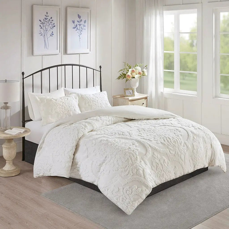 Full/Queen Tufted Cotton Chenille Damask Duvet Cover Set by HouseOfZazla