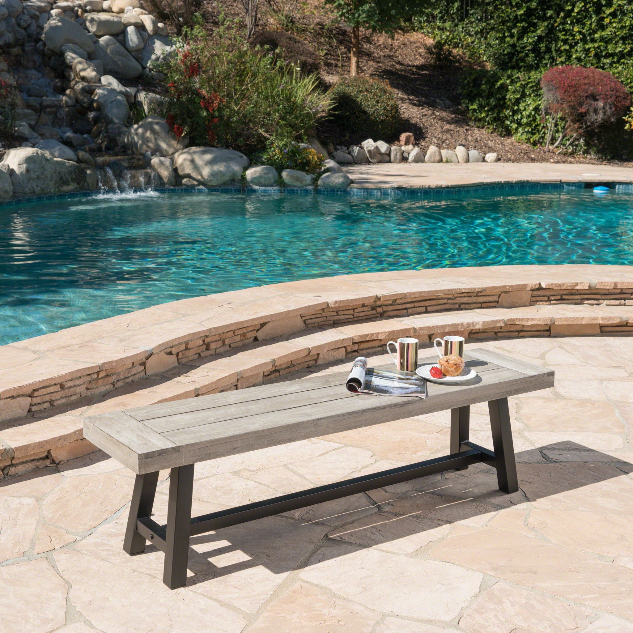 Tranquilizer Outdoor Acacia Wood Bench With Slat Panel Design by HouseOfZazla
