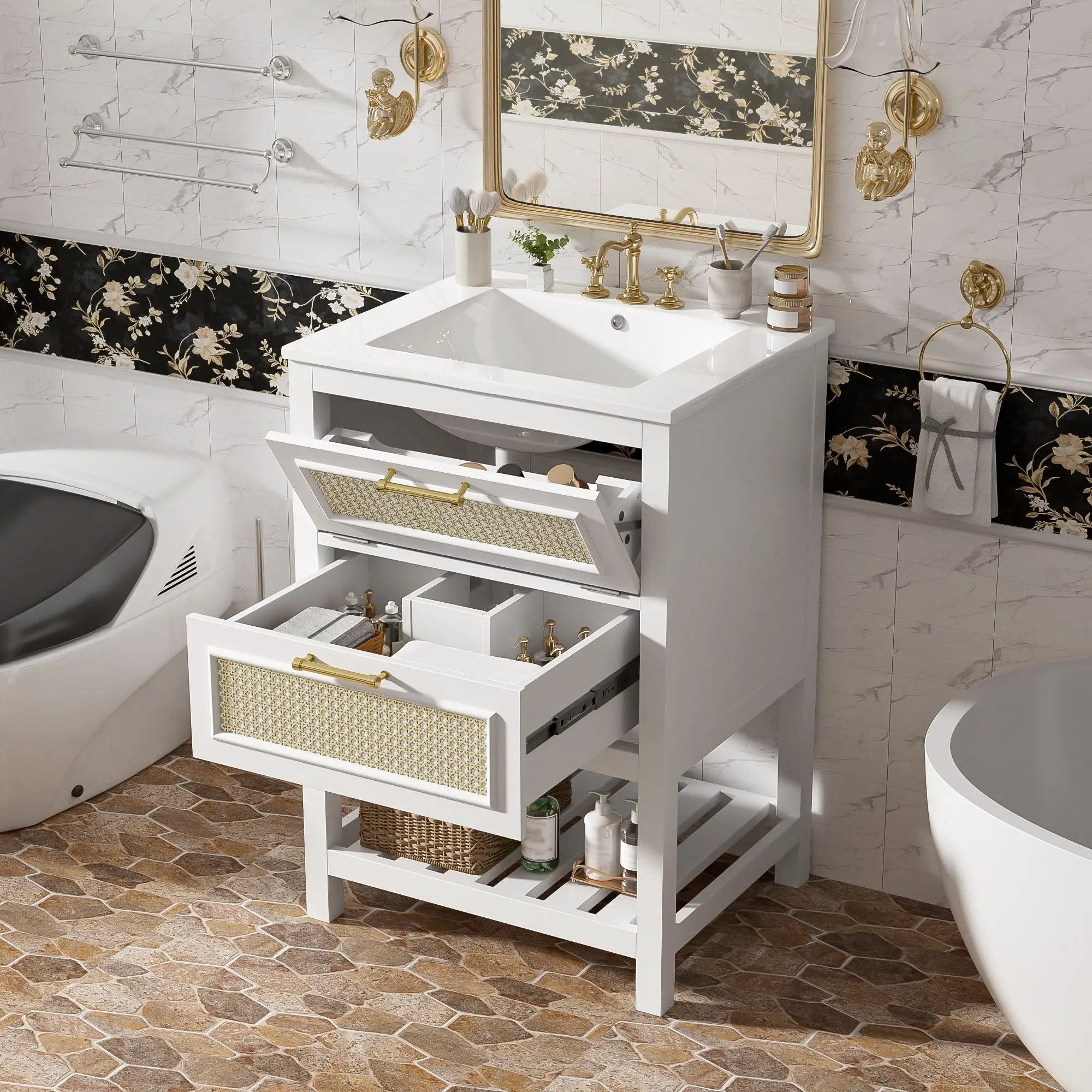 Modern Bathroom Vanity With Integrated Sink, Cabinet With 1 Deep Drawer And 1 Tip-Out Drawer by HouseOfZazla