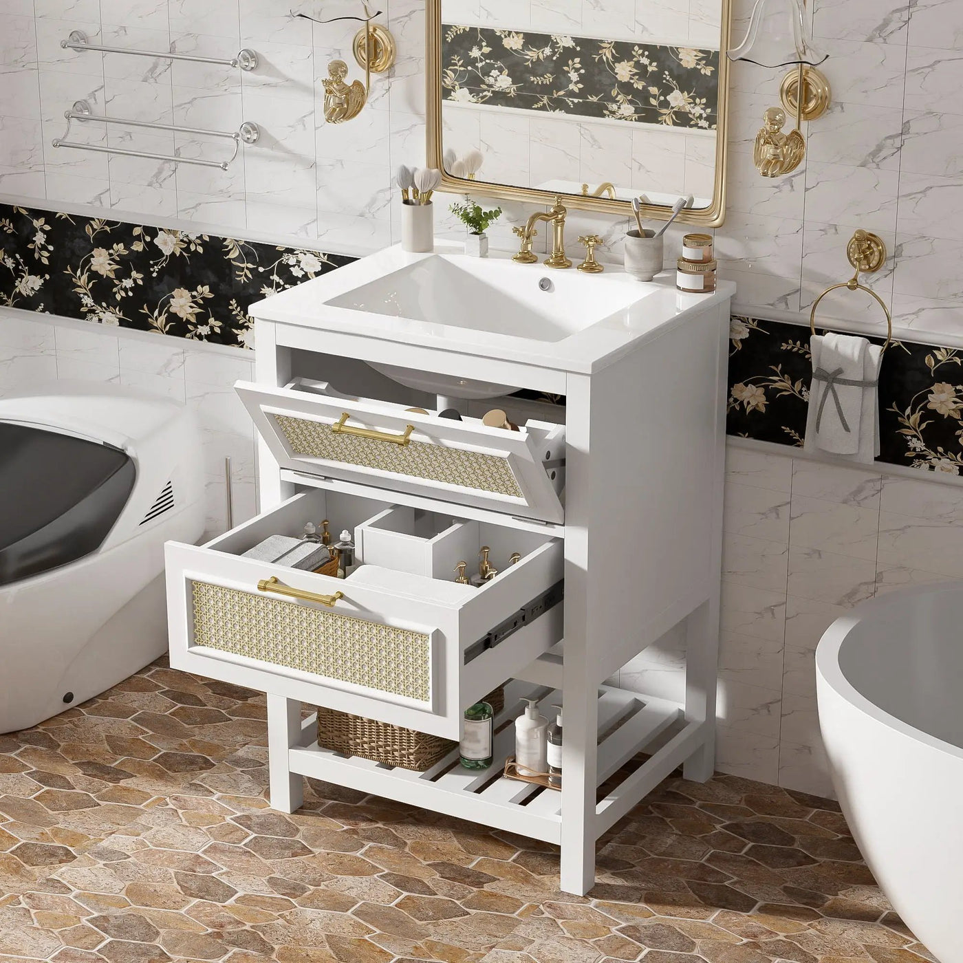 Modern Bathroom Vanity With Integrated Sink, Cabinet With 1 Deep Drawer And 1 Tip-Out Drawer by Unique Piece Furniture