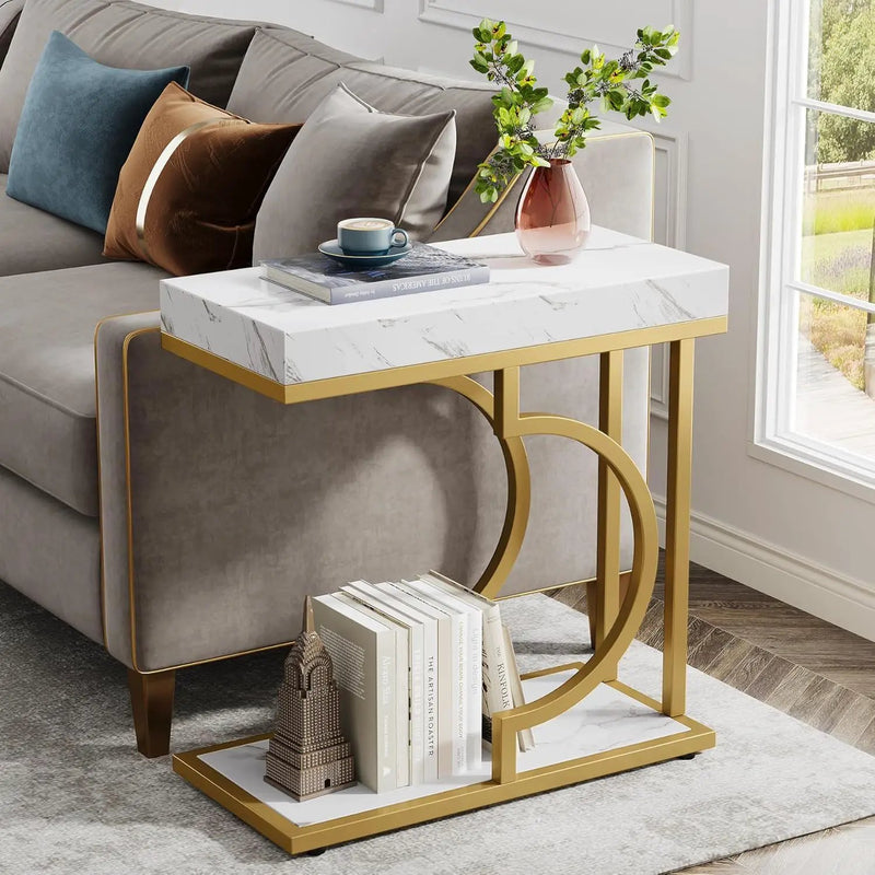 C-Shaped Sofa Side Table For Living Room - White / Gold by HouseOfZazla