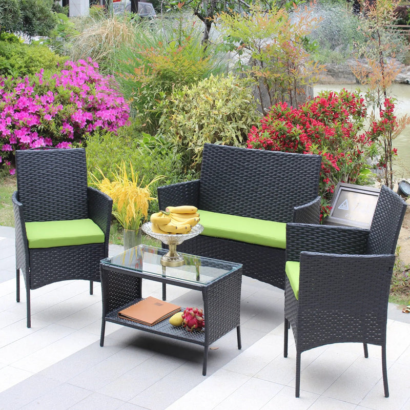4 PC Rattan Patio Furniture Set Outdoor Cushioned Wicker Sofa Green Cushion by HouseOfZazla