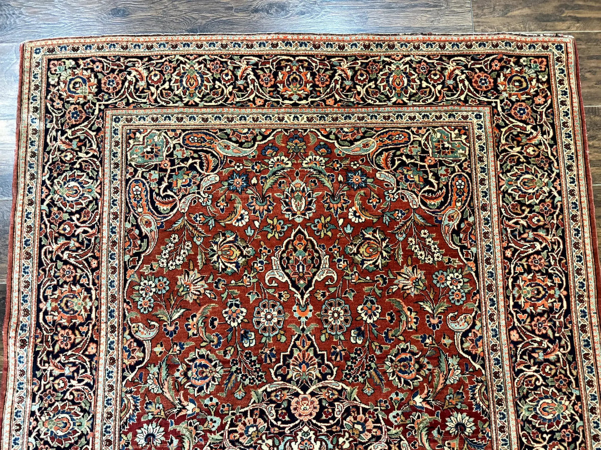 Persian Kashan Rug 4x7, Red and Navy Blue, Floral Antique Carpet by Jewel Rugs