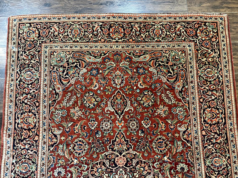 Persian Kashan Rug 4x7, Red and Navy Blue, Floral Antique Carpet by Jewel Rugs