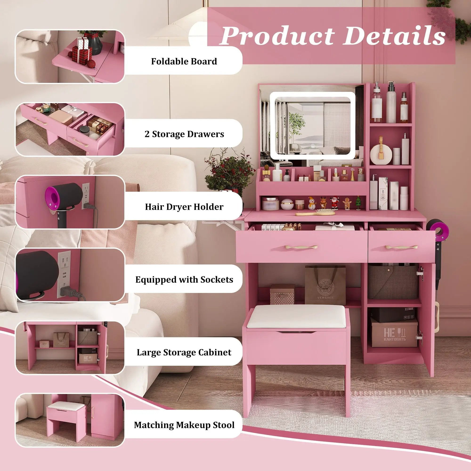 Vanity Desk With LED Mirror Lights And Power Outlet Charging Station, 3 Drawers, 7 Shelves, Storage Stool - Pink by HouseOfZazla