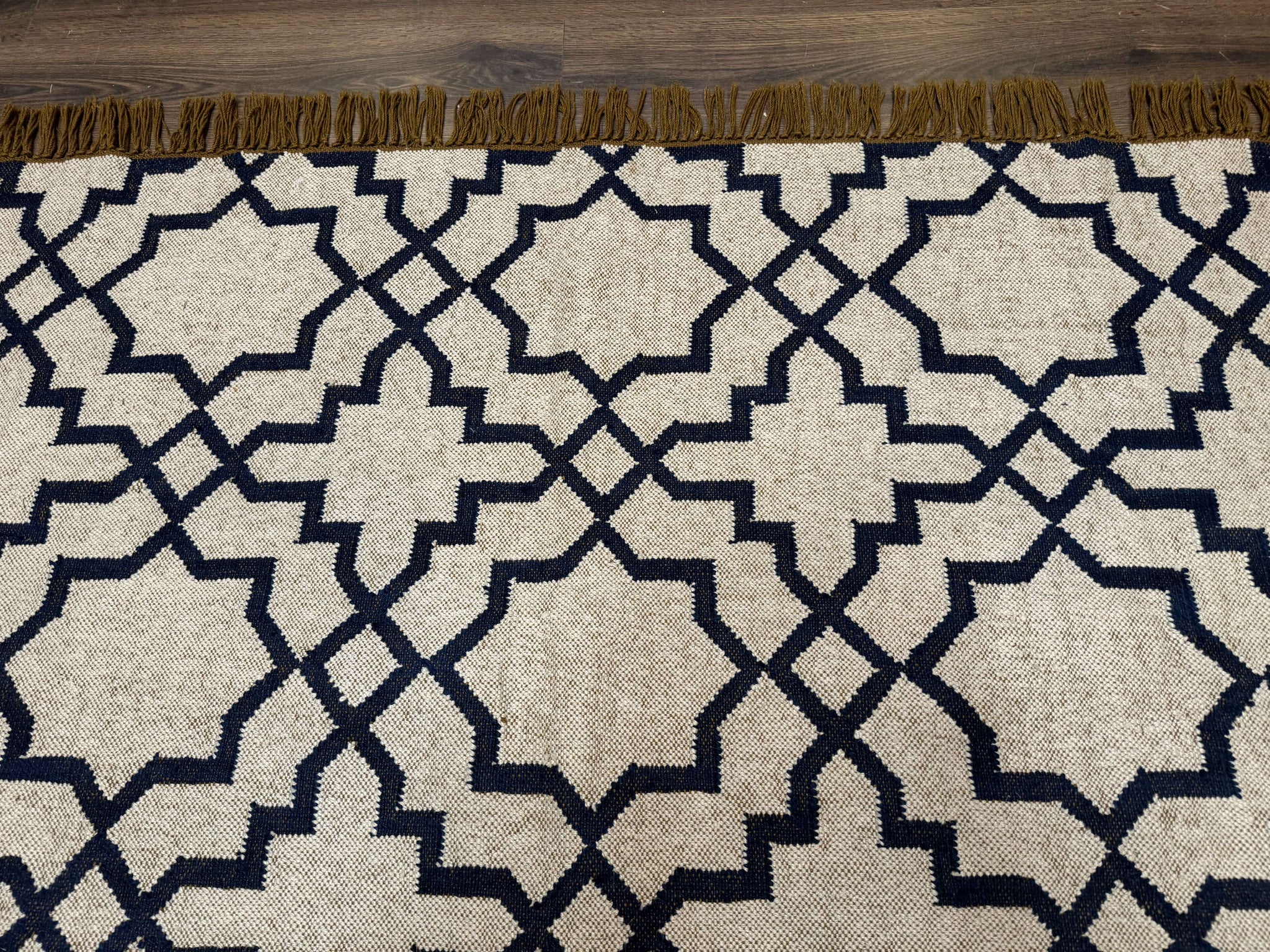 Indian Kilim Rug 8x10, Oat and Navy Blue, Dhurrie Carpet, Handmade, Wool by Jewel Rugs