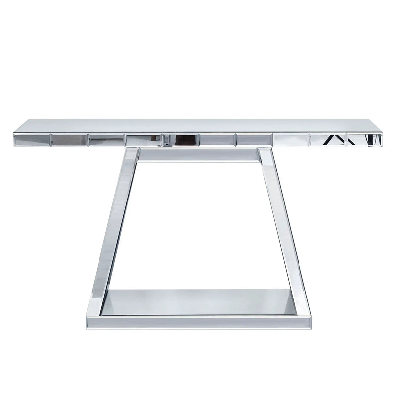 Modern Luxe Full Body Mirror Entryway Table With Trapezoid Base, 360° Reflective Console, Scratch Resistant, Open Storage - Silver by Unique Piece Furniture