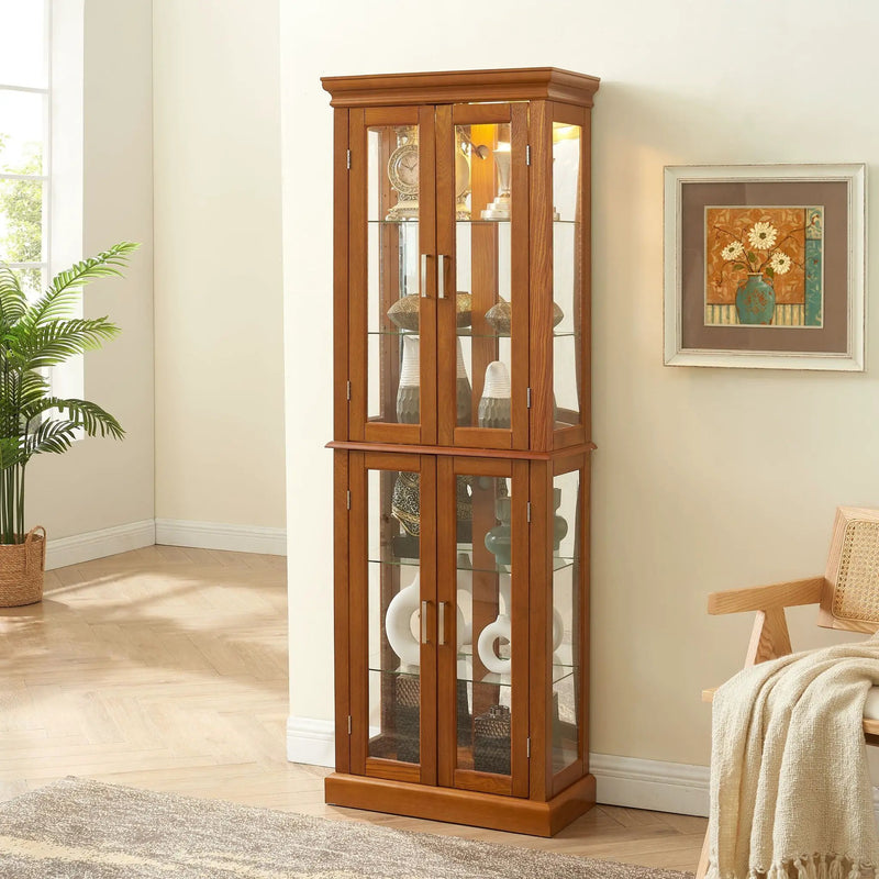 Curio Cabinet Lighted Curio Diapaly Cabinet With Adjustable Shelves And Mirrored Back Panel, Tempered Glass Doors (6 Tier), (E26 Light Bulb Not Included) by Unique Piece Furniture