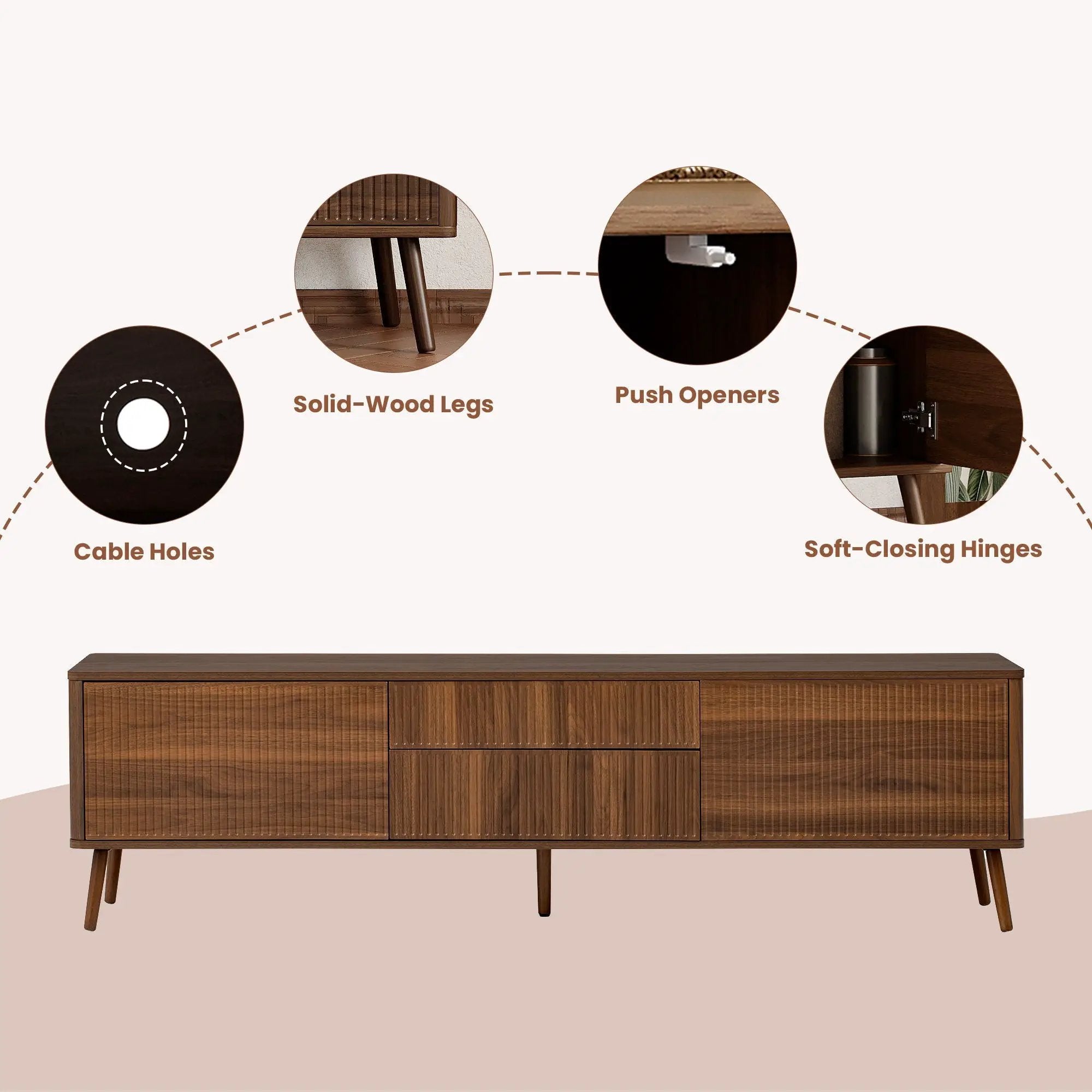 Fluted TV Stand With Storage Drawers And Cabinets For TVs Up To 80", Soft-Close Hinges, Cable Management - Walnut by HouseOfZazla