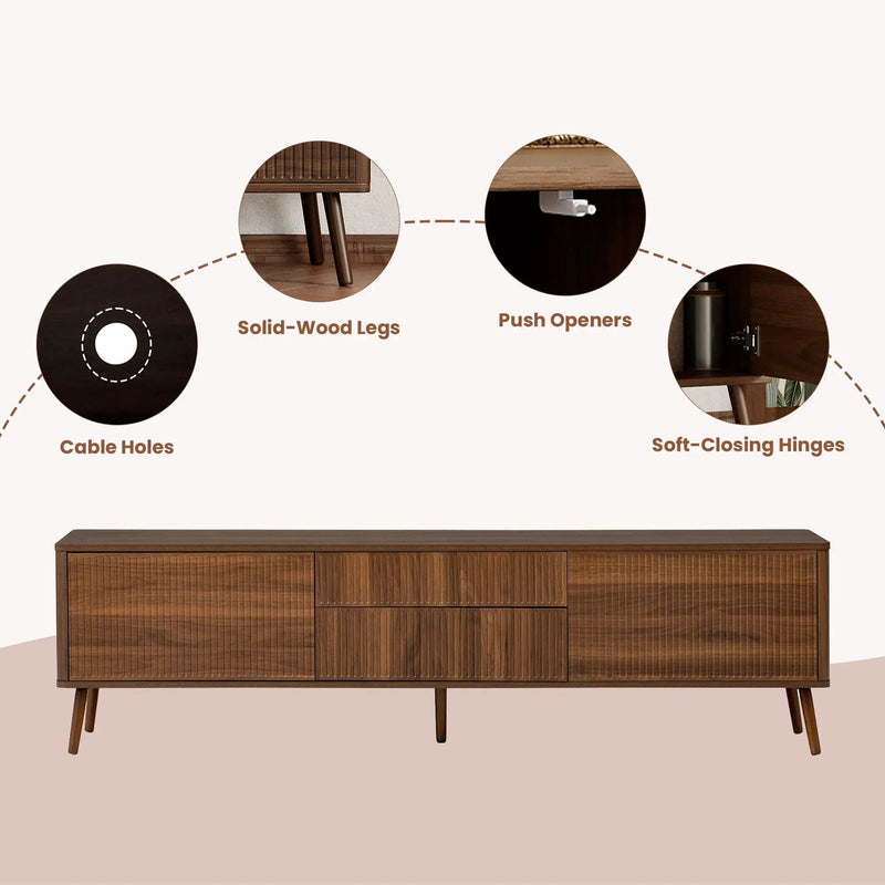 Fluted TV Stand With Storage Drawers And Cabinets For TVs Up To 80", Soft-Close Hinges, Cable Management - Walnut by HouseOfZazla