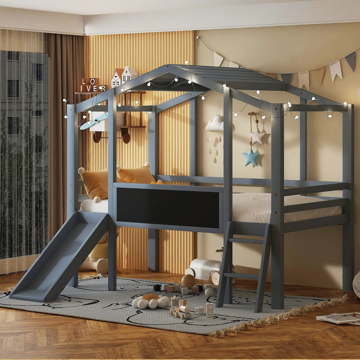 Loft House Bed With Ladder And Slide, With board And Light Strip On The Roof by Unique Piece Furniture