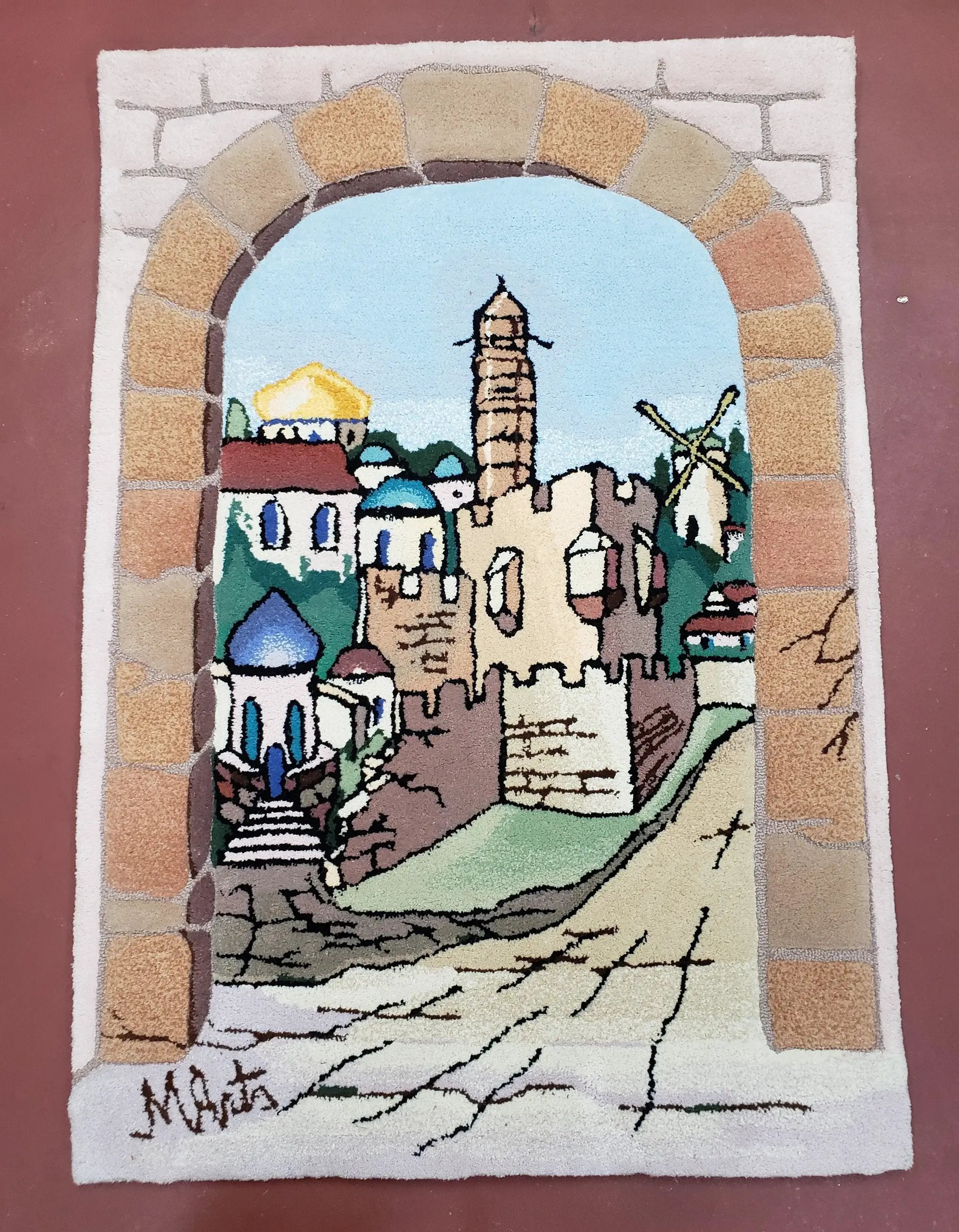 Small Judaica Rug, Rug with Jerusalem Pictorial, Chanuka Gift, Hand-Tufted, Jerusalem Gate, Vintage Judaica, Western Wall Rug, 3x4 Rug by Jewel Rugs