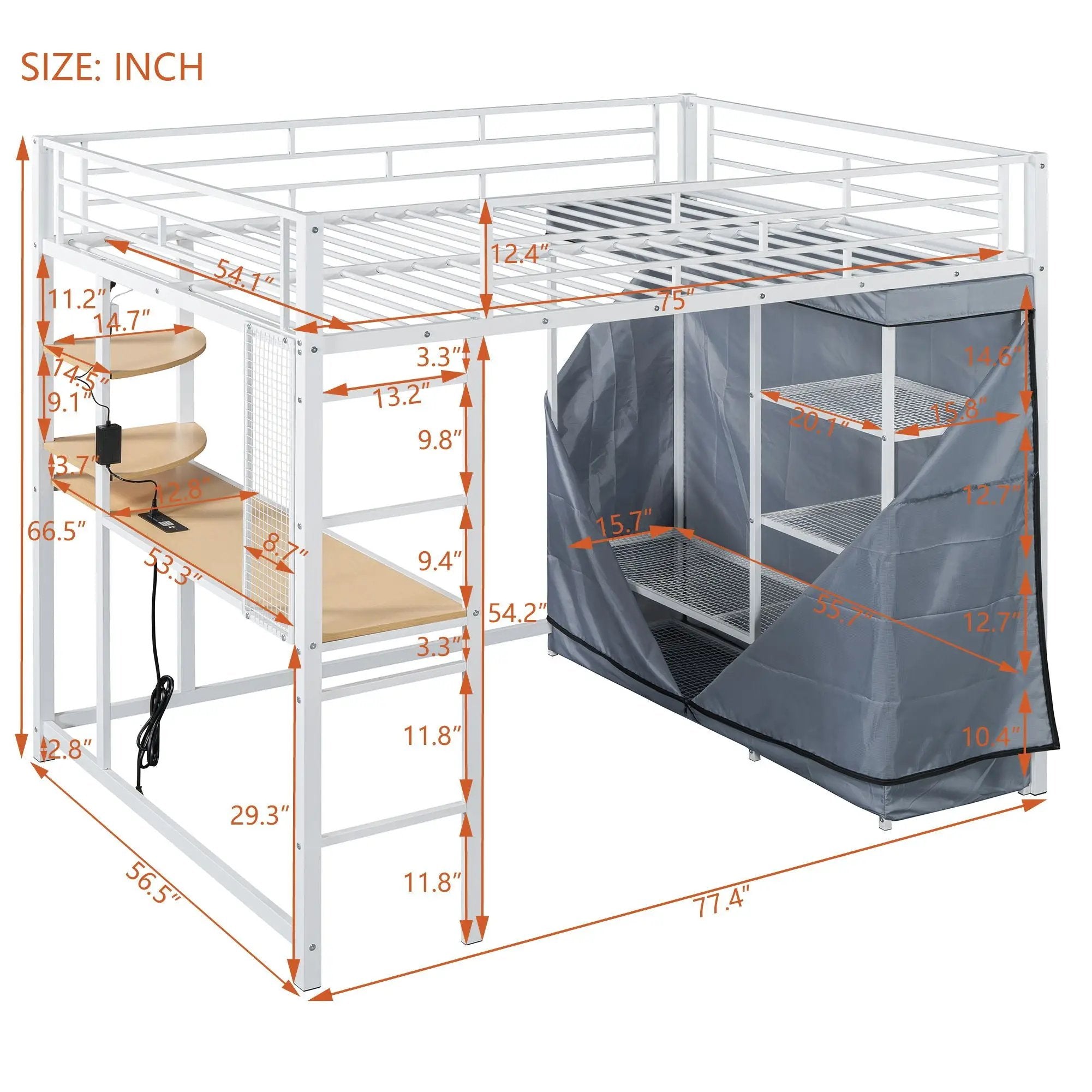Loft Bed With Desk, Shelves, Power Outlet, LED Light And Wardrobe by HouseOfZazla
