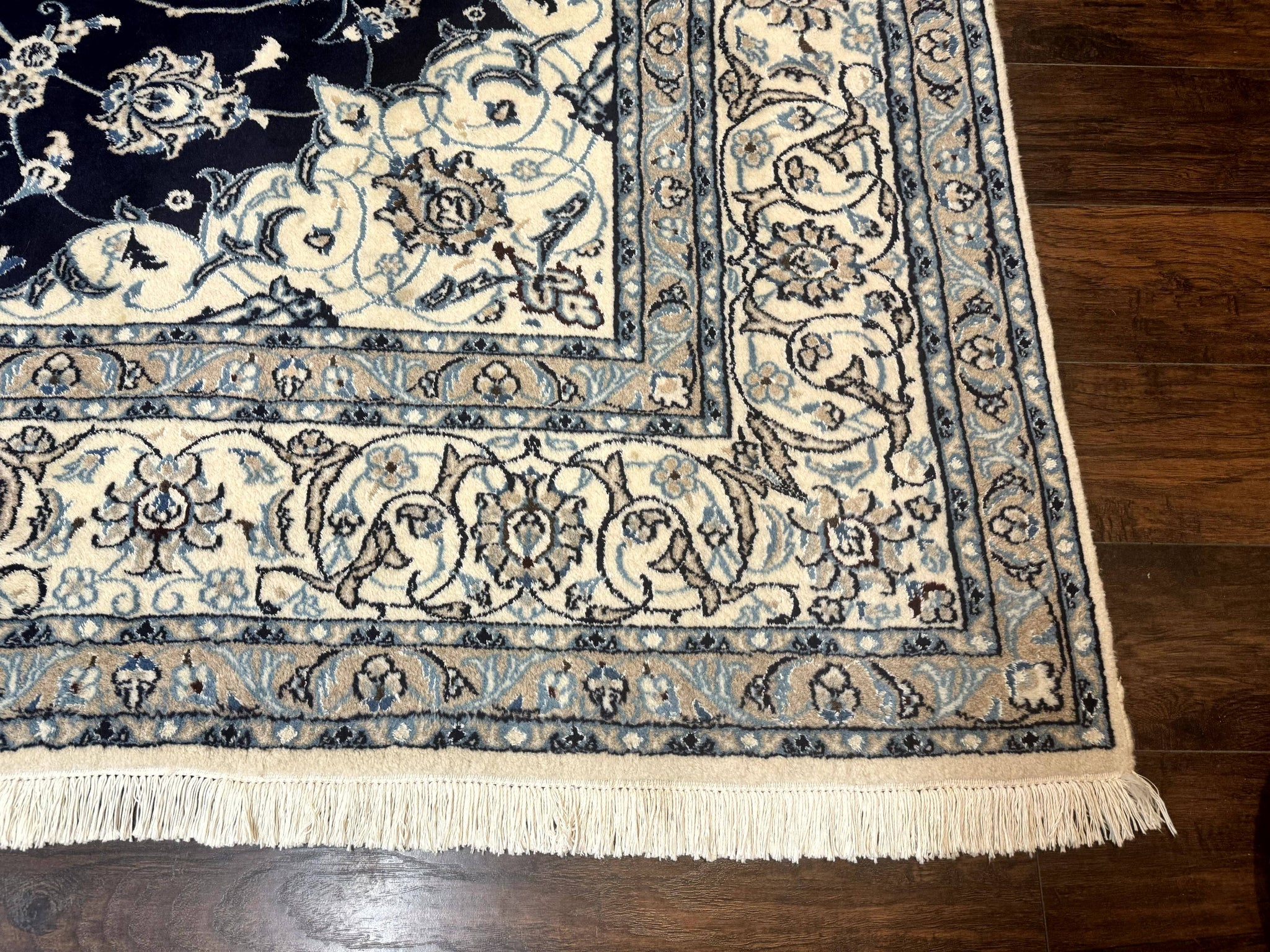 Persian Nain Rug 8x11, Navy Blue and Ivory, Handmade Wool Vintage Carpet, Floral Medallion by Jewel Rugs