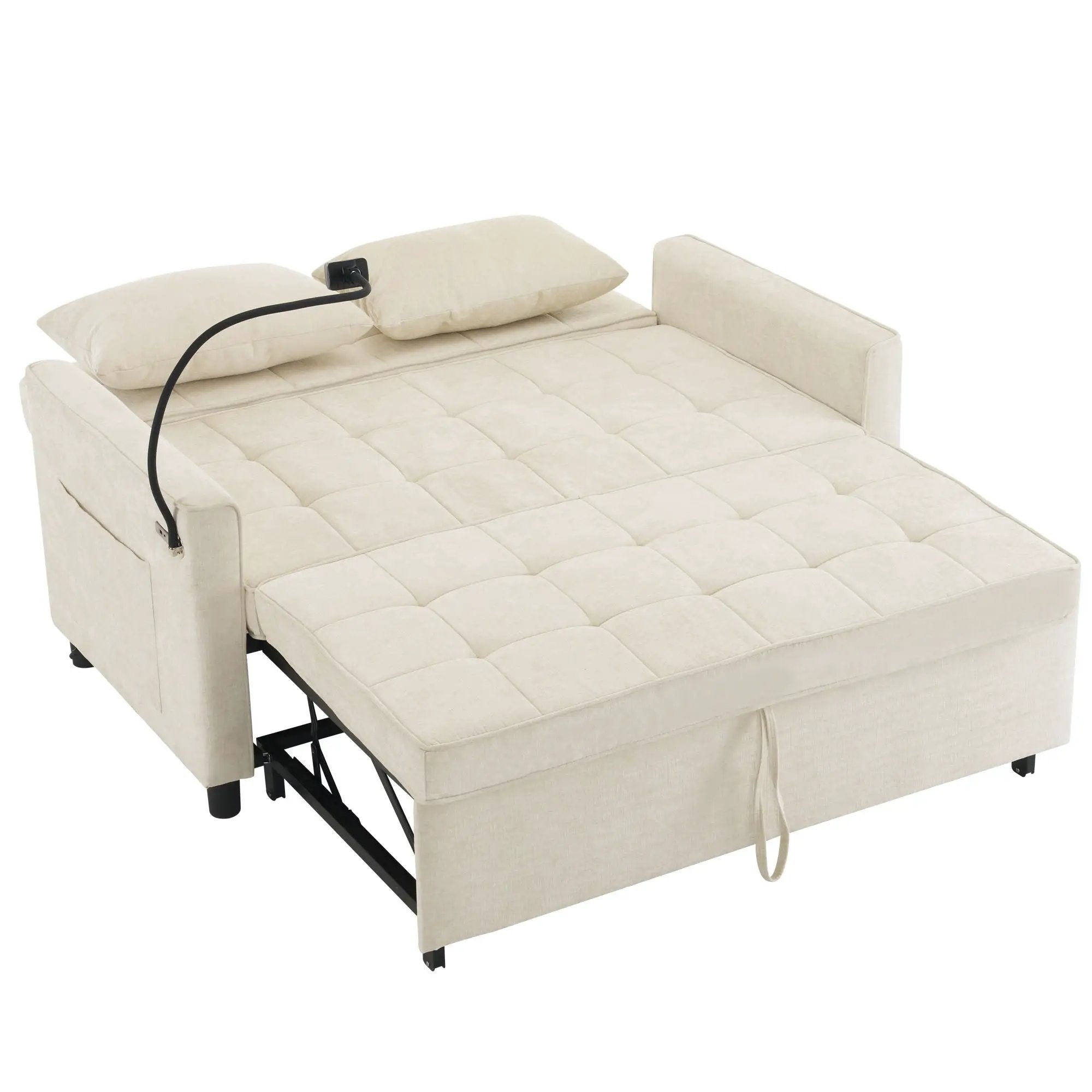 Pull-Out Sleeper Sofa With Reversible Backrest Cushion, Side Pockets, 2 USB Ports And A Phone Holder For Living Room by HouseOfZazla