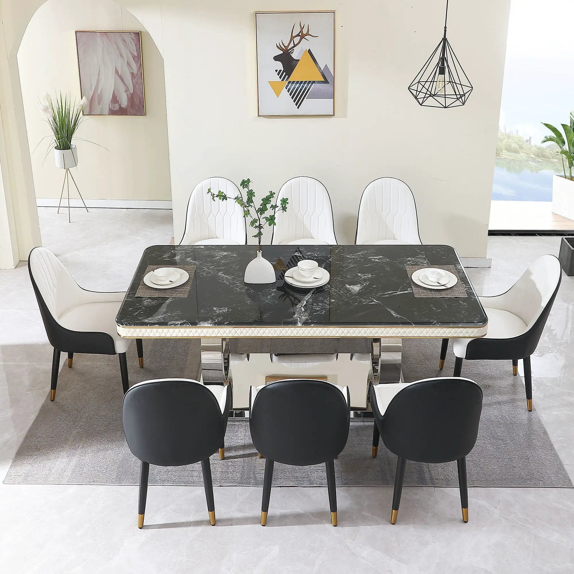 Luxury Modern Dining Table With Faux Marble Top And Dual Circle Base - Black by Unique Piece Furniture