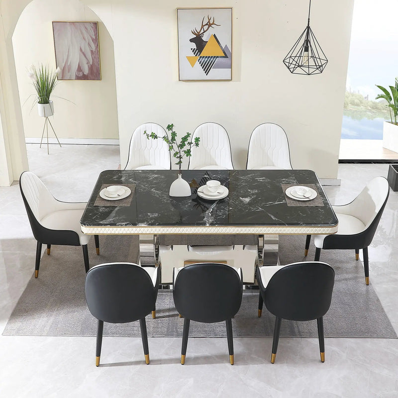 Luxury Modern Dining Table With Faux Marble Top And Dual Circle Base - Black by Unique Piece Furniture