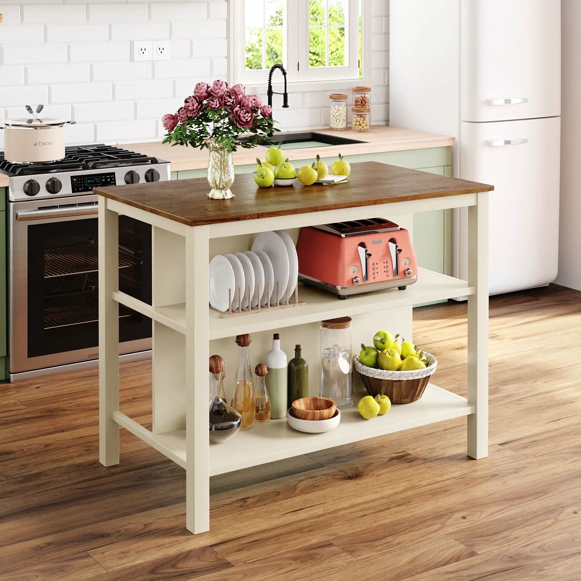Rustic 3 Piece Stationary Kitchen Island Set With 2 Seatings, With 2 Open Shelves by HouseOfZazla