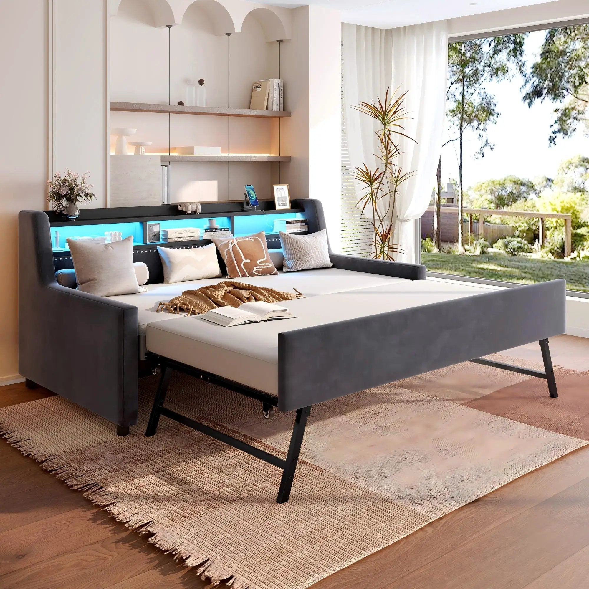 Twin Size Daybed With Trundle With LED Light ＆ Charging Station - Dark Gray by Unique Piece Furniture