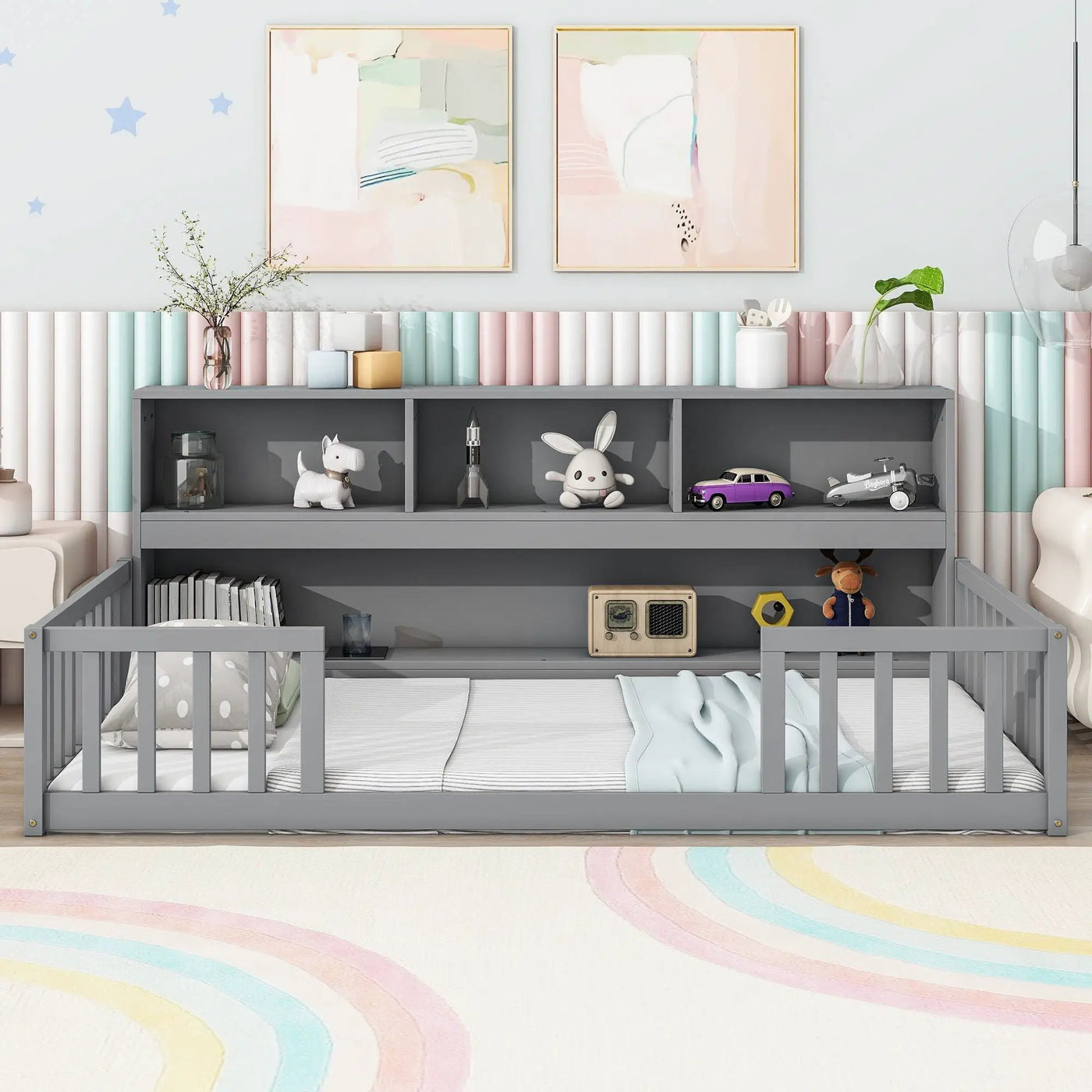 Floor Bed With Bedside Bookcase, Shelves, Guardrails by HouseOfZazla