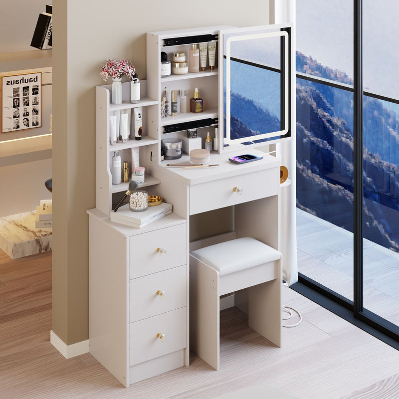Cabinet Vanity Table & Cushioned Stool, USB Power Station, Hair Dryer Bracket - White by HouseOfZazla