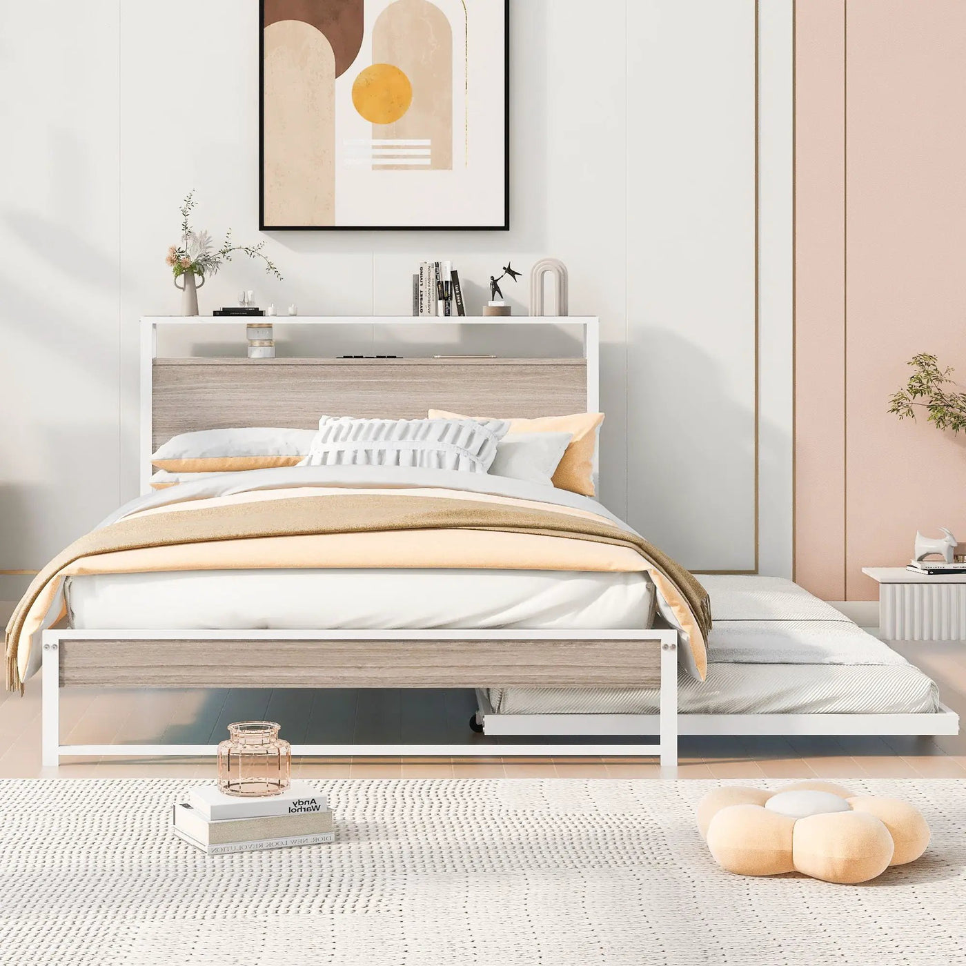 Platform Bed Frame With Trundle, USB Ports And Slat Support, No Box Spring Needed by Unique Piece Furniture